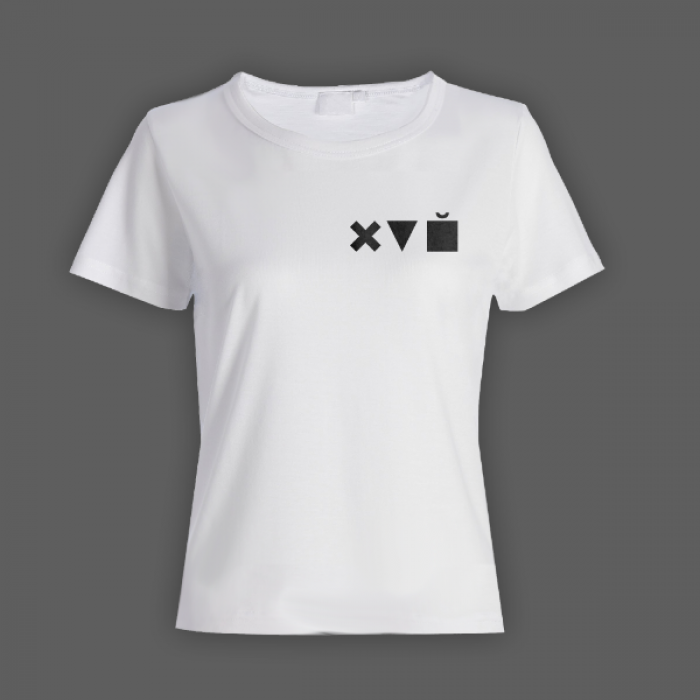 Женская прикольная футболка с маленьким принтом "Икс Треугольник Куб"